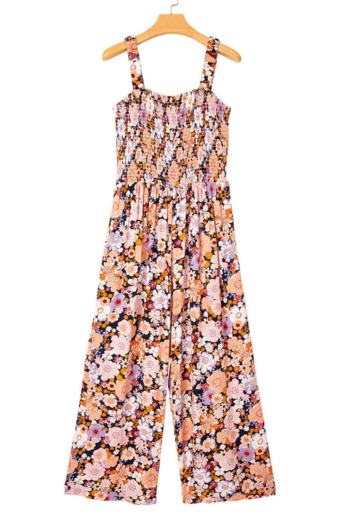 Retro Floral Print Smocked Bodice Wide Leg Jumpsuit
